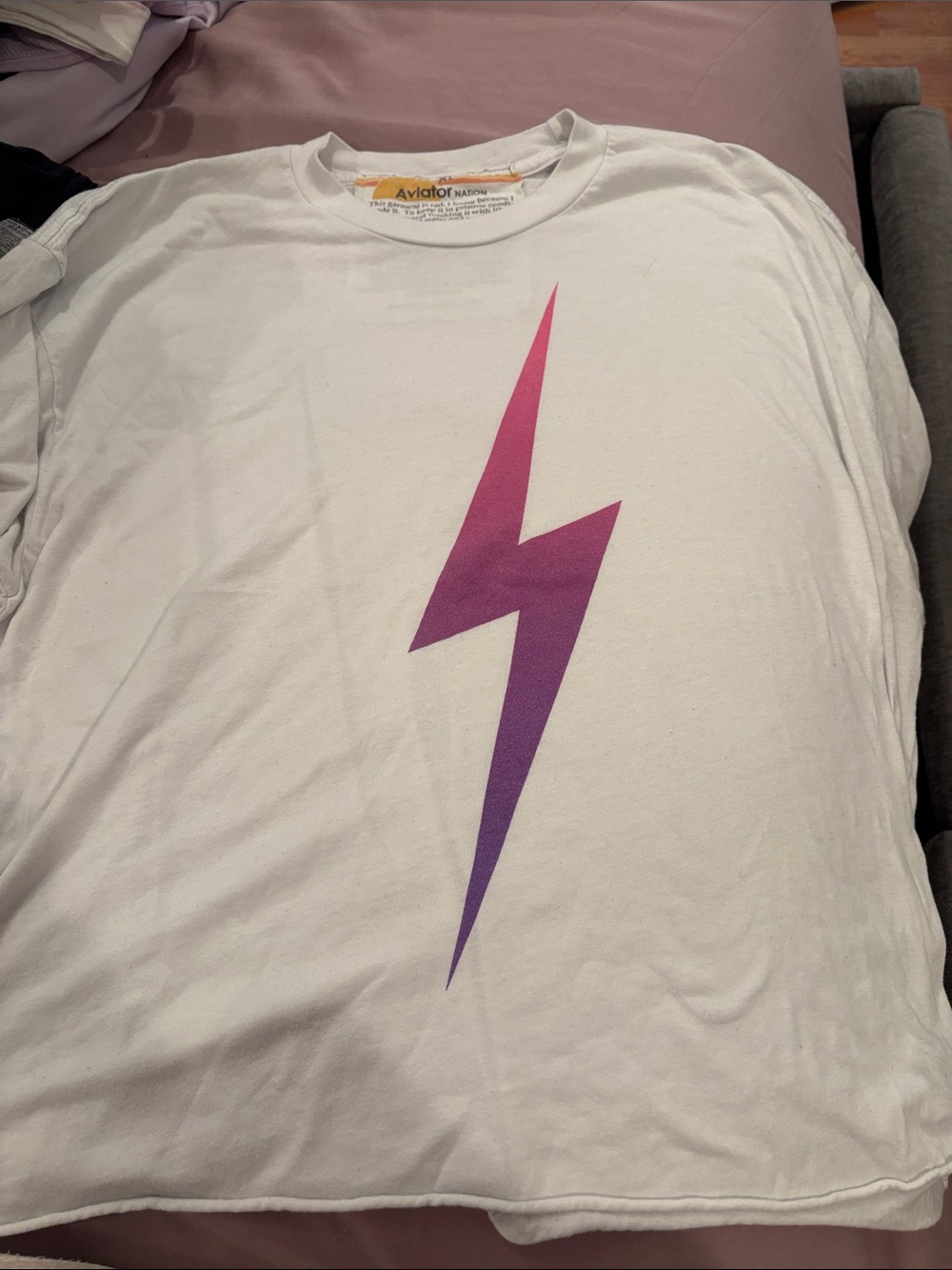 Aviator Nation White Tee with Pink to Purple Lightning Bolt
